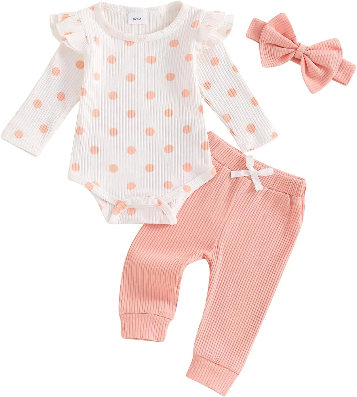 FIOMVA Newborn Baby Girl Clothes Fall Winter Outfit 0 3 6 9 12 18Months Ruffle Long Sleeve Ribbed Romper Pants Headband Set