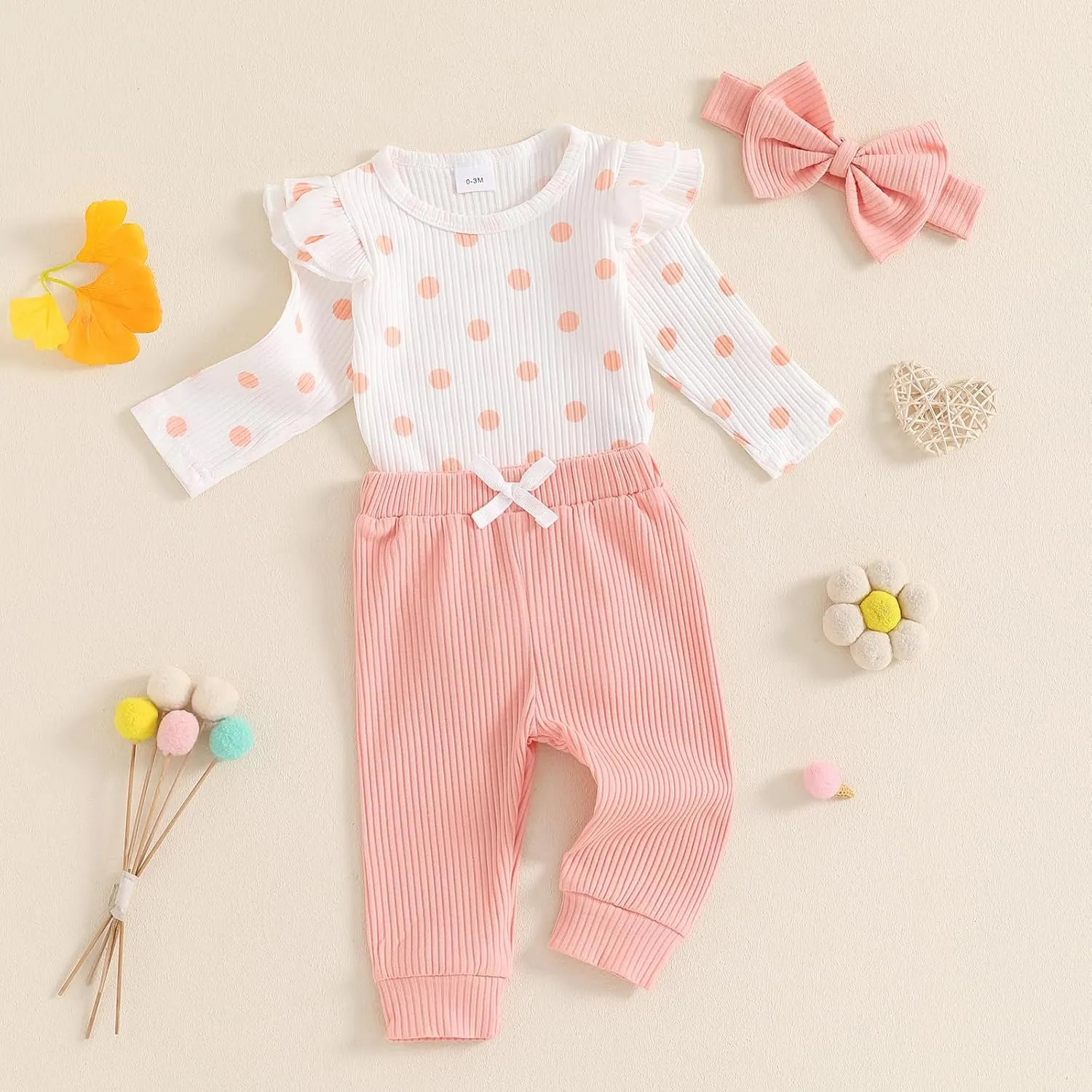 FIOMVA Newborn Baby Girl Clothes Fall Winter Outfit 0 3 6 9 12 18Months Ruffle Long Sleeve Ribbed Romper Pants Headband Set