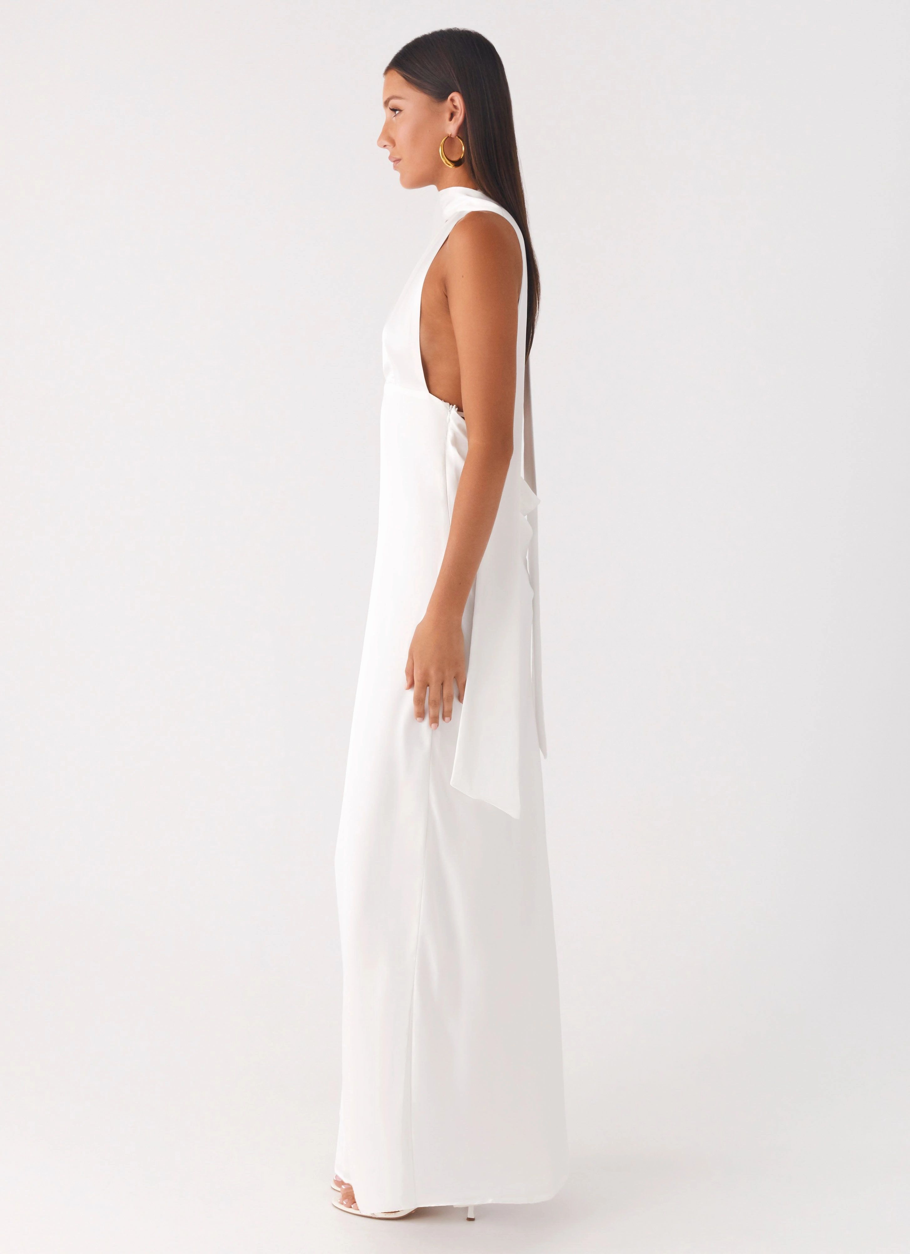 Festival Outfit Fit And Flare Alicia Satin Halter Maxi Dress - White
