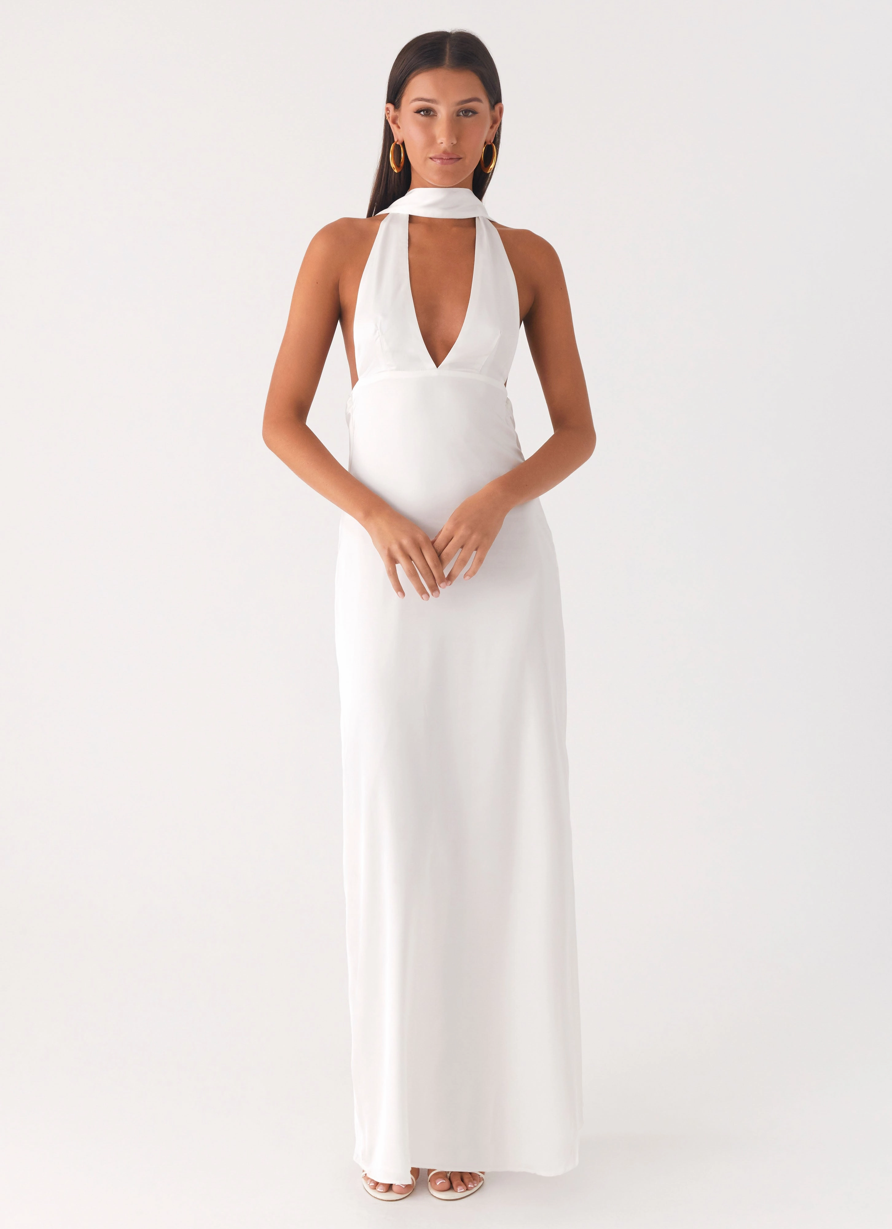 Mini length Fit And Flare Alicia Satin Halter Maxi Dress - White