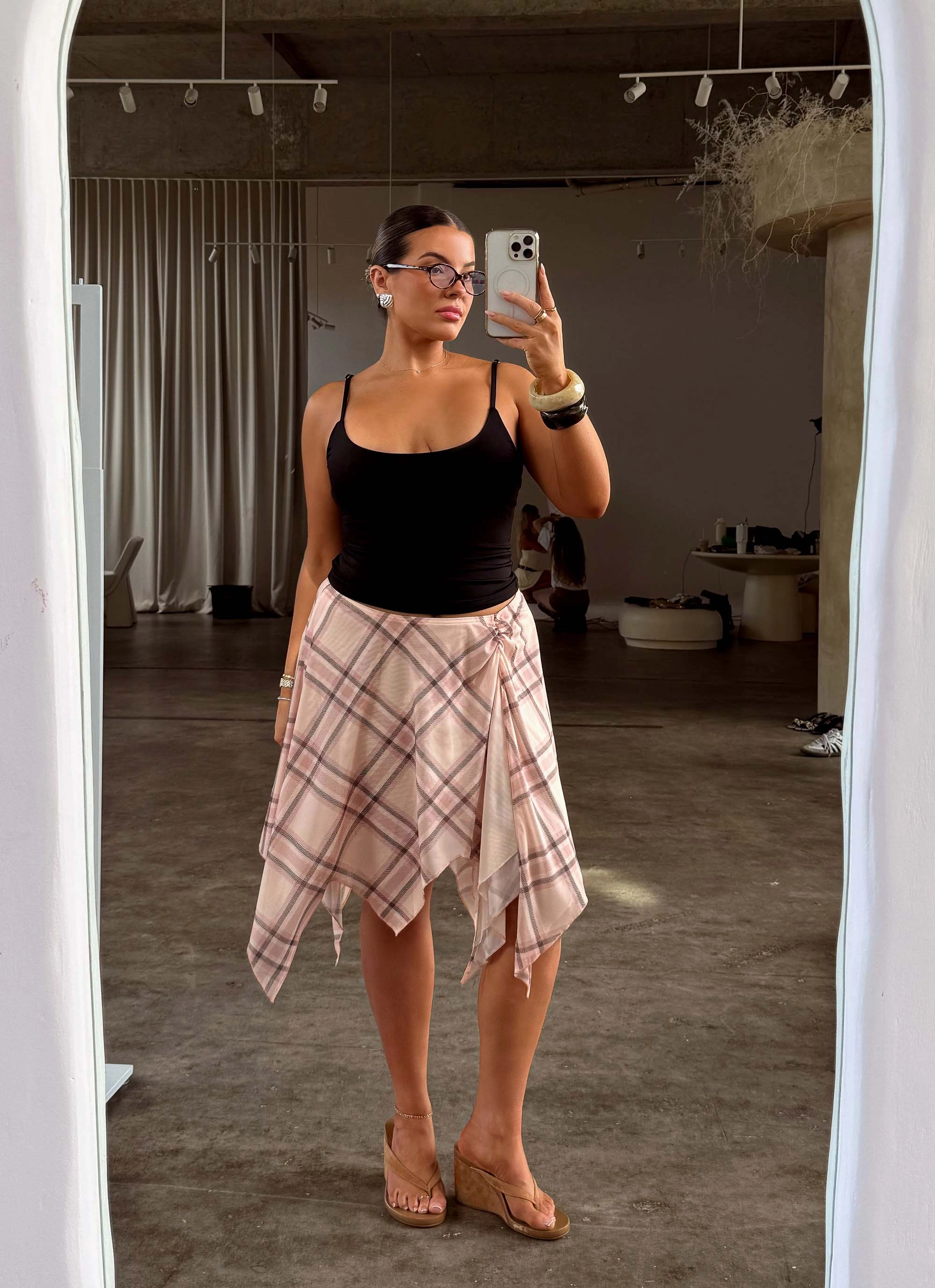 Silk Touch Fit Check Midi Skirt - Pink Check