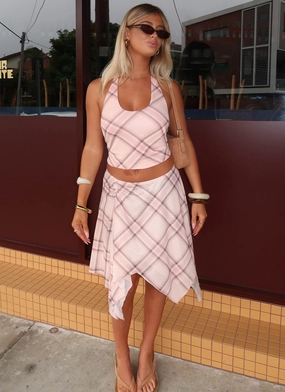 Fit Check Midi Skirt - Pink Check Ombre effect Faux Leather Breezy Mood Fit Check Midi Skirt - Pink Check