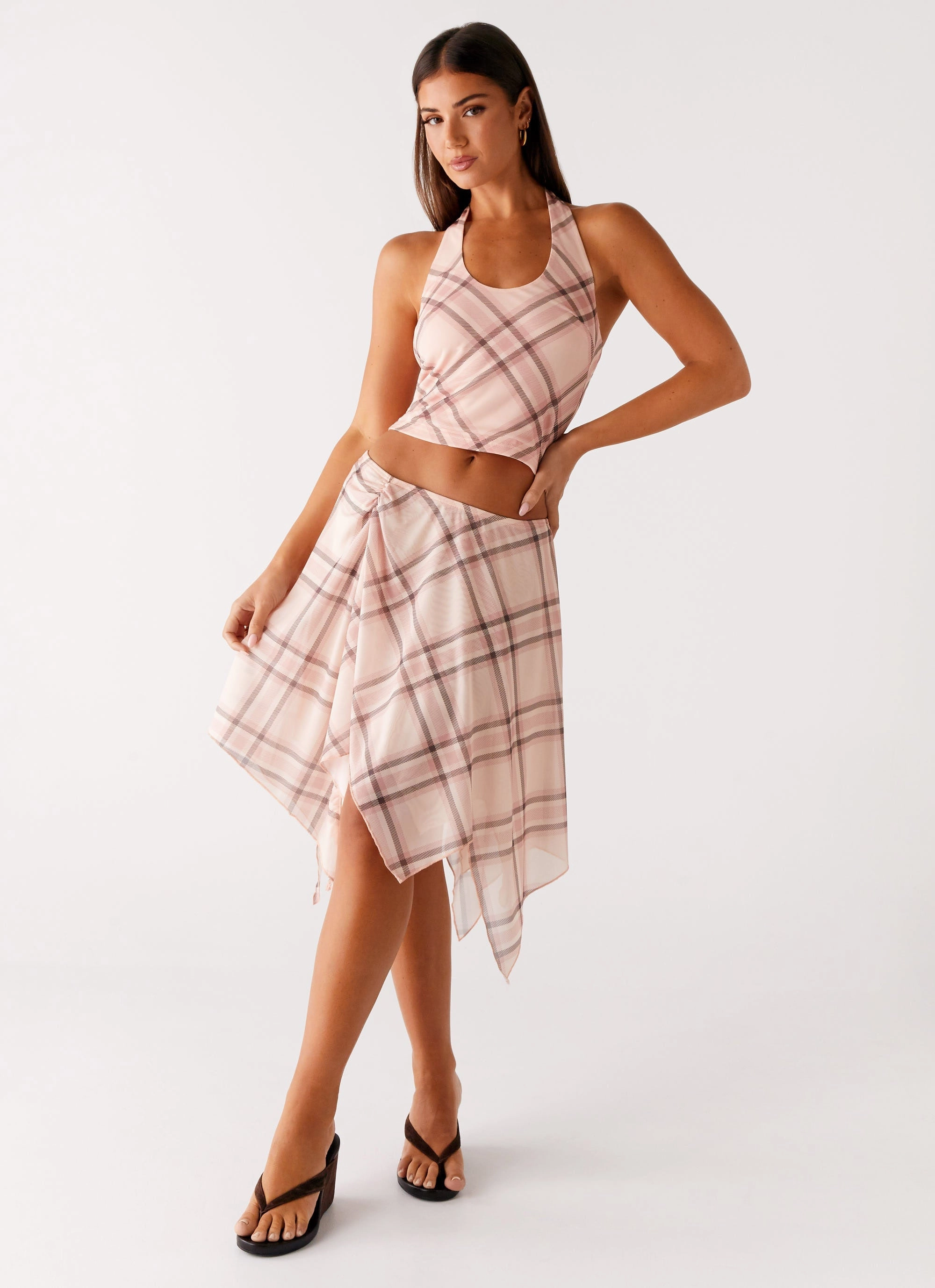 light texture Asymmetrical Cut Fit Check Midi Skirt - Pink Check