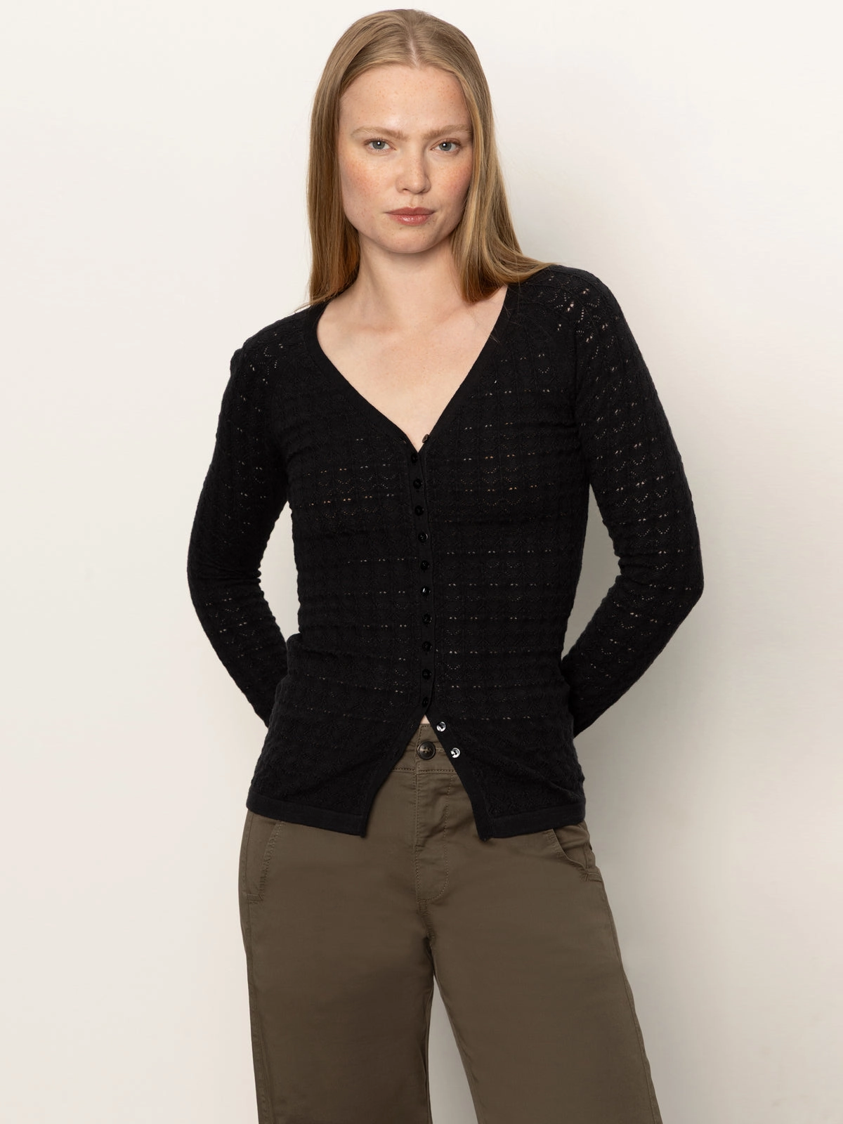 Fitted Raglan Cardi Black Textured Slub Yarn