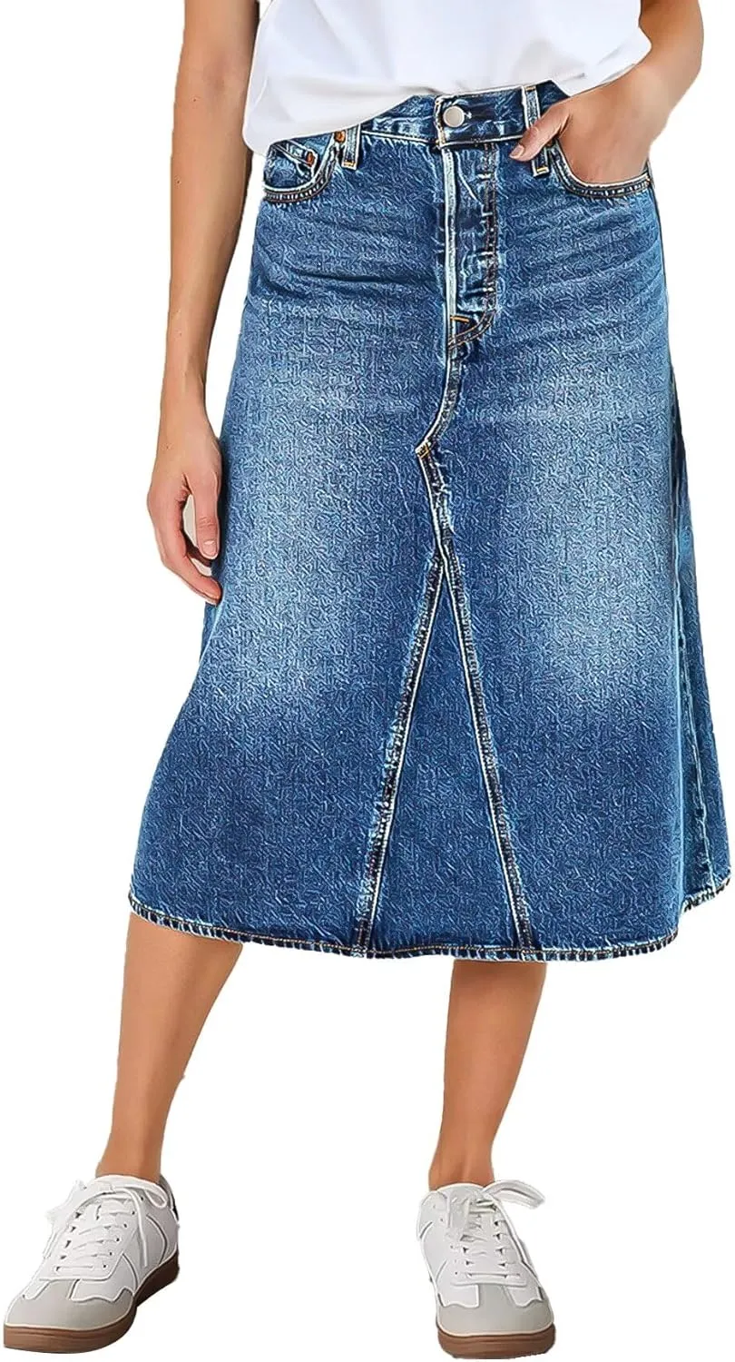 Flamingals High Waist Vintage A-Line Denim Skirt Midi Button Front Casual Jean Skirts