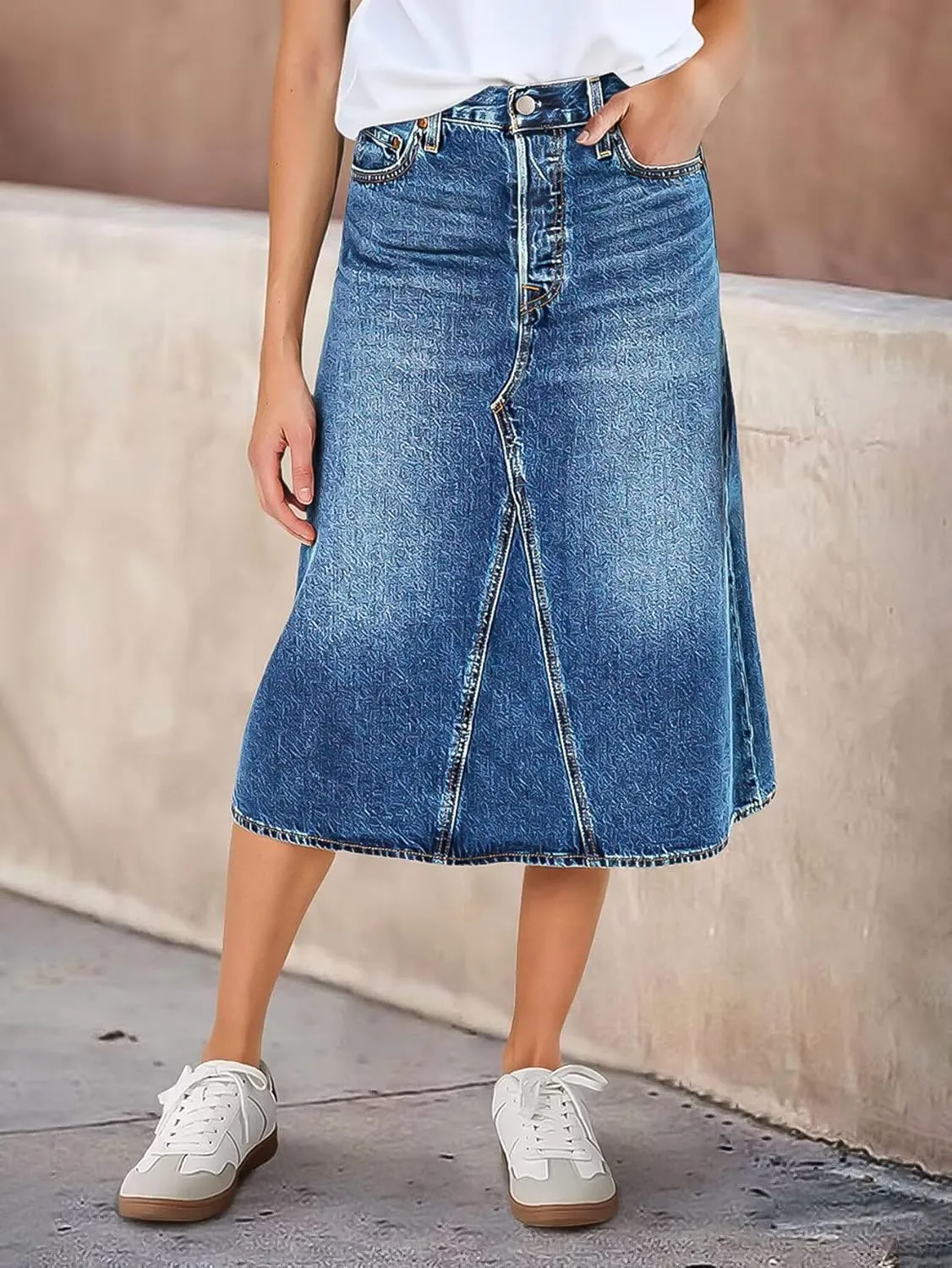 Flamingals High Waist Vintage A-Line Denim Skirt Midi Button Front Casual Jean Skirts