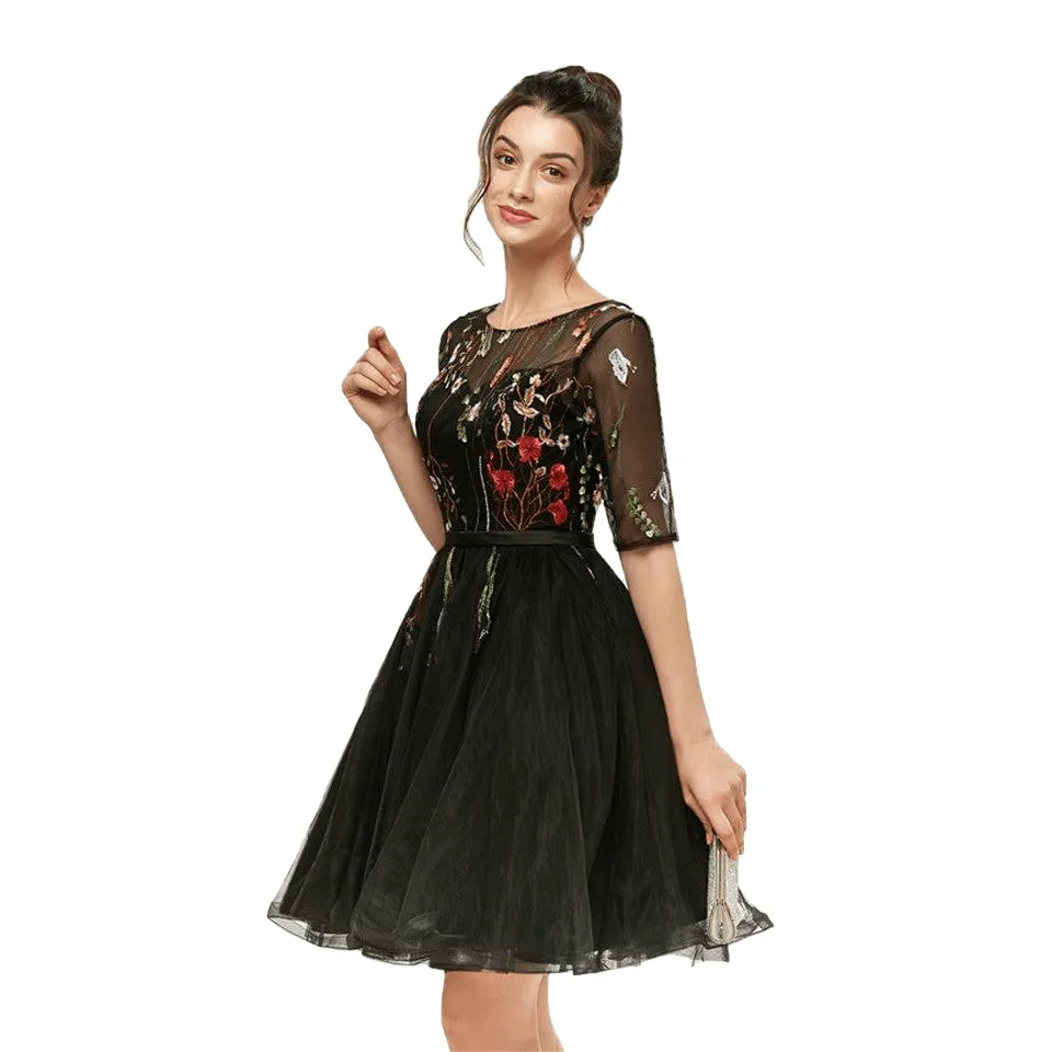 Flash Elegant Ladies' Embroidery Pattern Sheer Sleeve Lace Prom Dress
