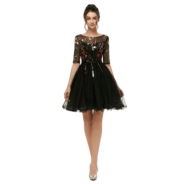 Flash Elegant Ladies' Embroidery Pattern Sheer Sleeve Lace Prom Dress