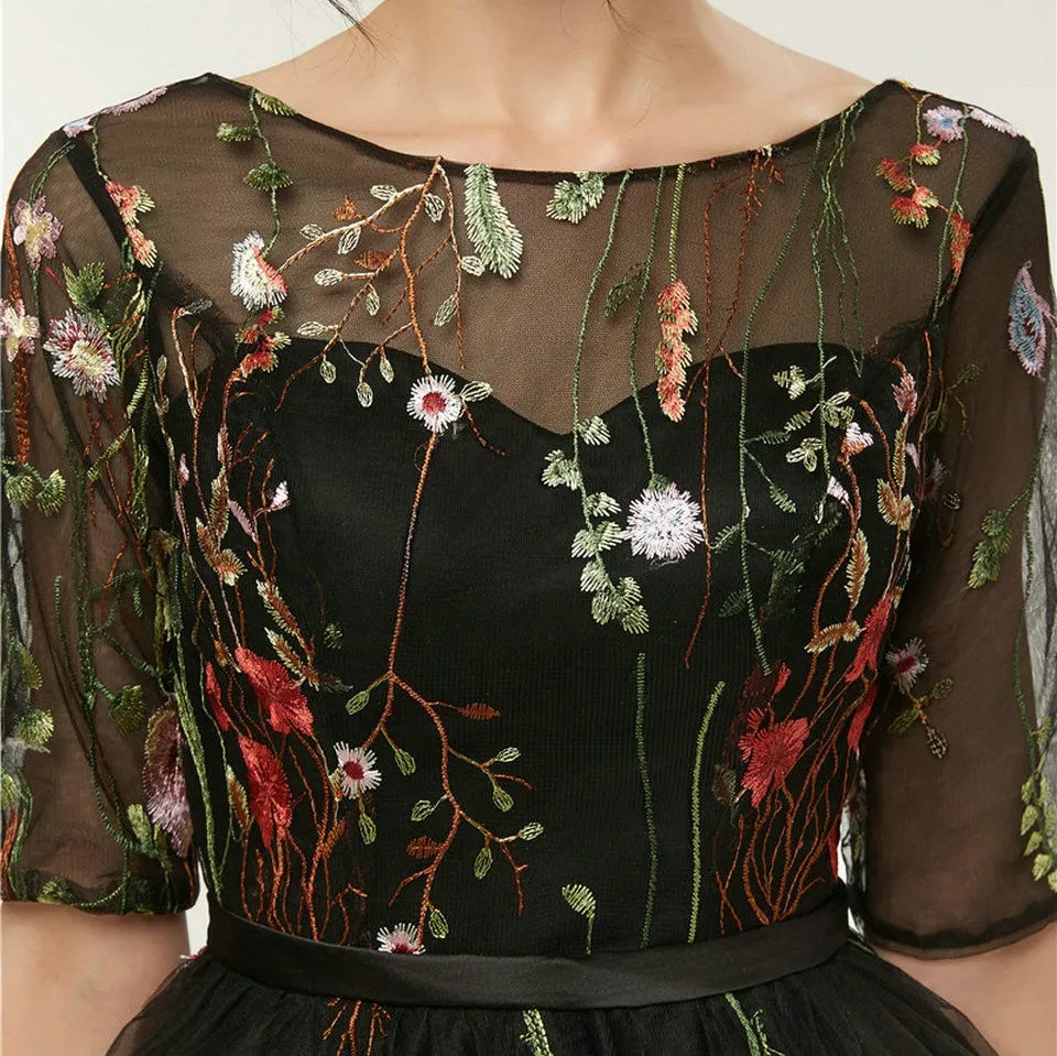 Flash Elegant Ladies' Embroidery Pattern Sheer Sleeve Lace Prom Dress