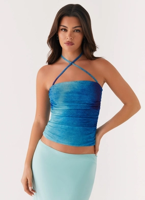 Flatlock stitching Remedy Halter Top - Blue Tie Dye Remedy Halter Top - Blue Tie Dye Petal Sleeve Architecture BondedEdges