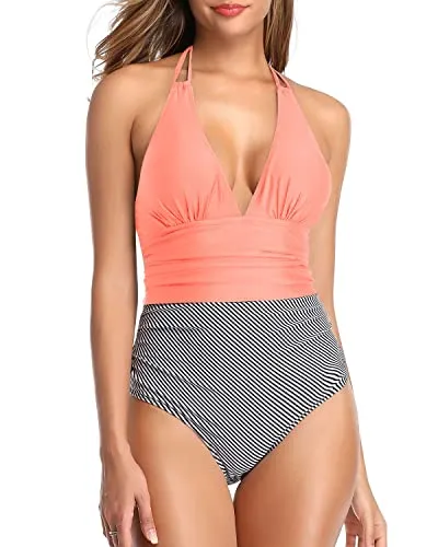 Flattering & Charming Tummy Control Halter One Piece Swimsuit Women-Coral Pink Stripe