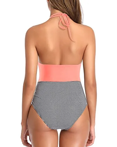 Flattering & Charming Tummy Control Halter One Piece Swimsuit Women-Coral Pink Stripe