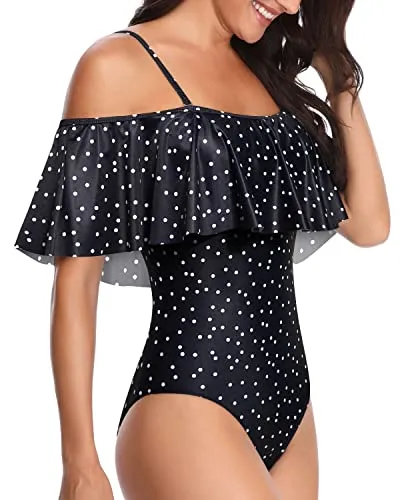 Flattering Off Shoulder One Piece Swimsuit Ruffles-Black White Dot