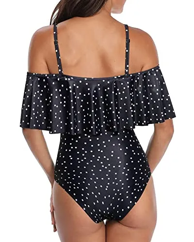 Flattering Off Shoulder One Piece Swimsuit Ruffles-Black White Dot