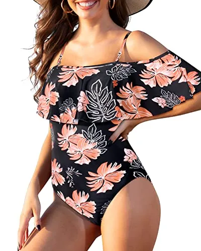 Flattering Off The Shoulder One Piece Bathing Suit With Tummy Control-Black Orange Floral