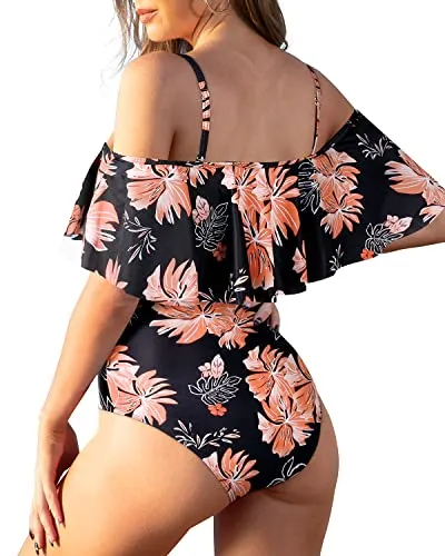 Flattering Off The Shoulder One Piece Bathing Suit With Tummy Control-Black Orange Floral