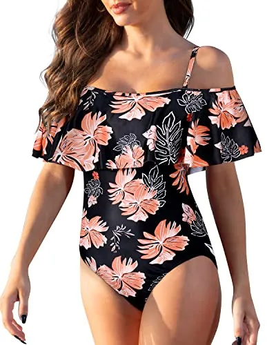 Flattering Off The Shoulder One Piece Bathing Suit With Tummy Control-Black Orange Floral