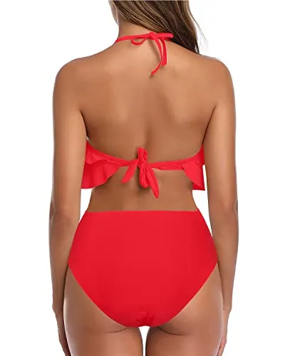 Flattering Ruffle Halter Bikini Set Tummy Control Bottoms For Teen Girls-Neon Red