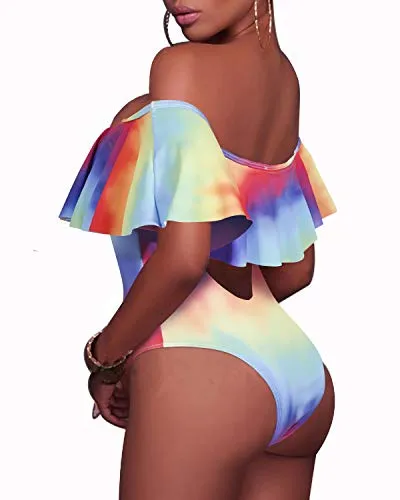 Flattering Ruffled Women Sexy One Piece Swimwear-Color Tie Dye
