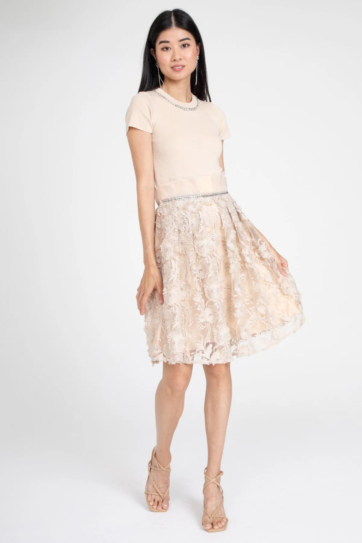 Dorothy Dress with Jeweled Neckline - Bloomsfield Quiet Glow Sleek Silhouette