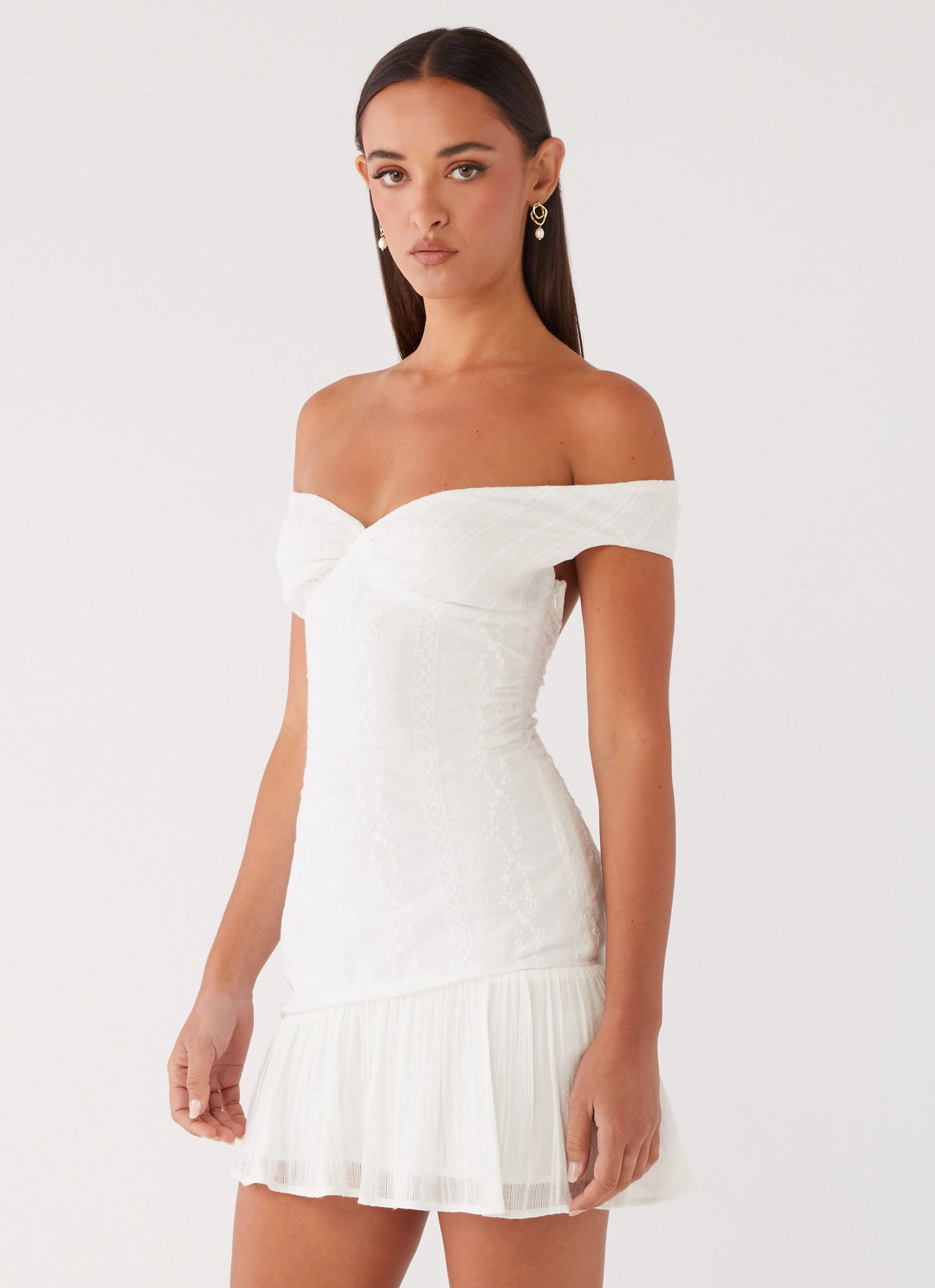 Flattering Waistband Gabby Ruffle Hem Mini Dress - Ivory