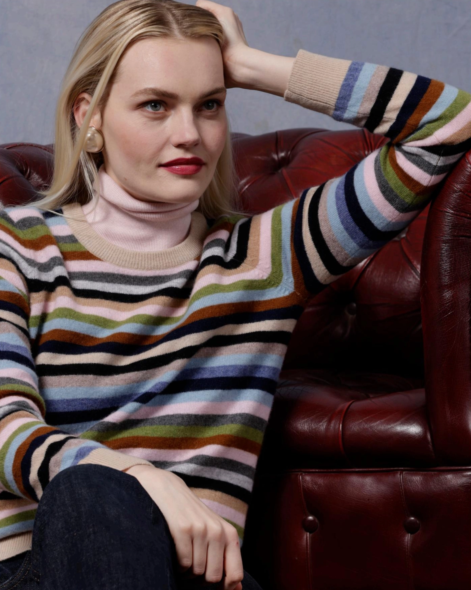 Soft Comfort Eco Friendly Material Minnie Rose Cashmere Striped Long Sleeve Crew