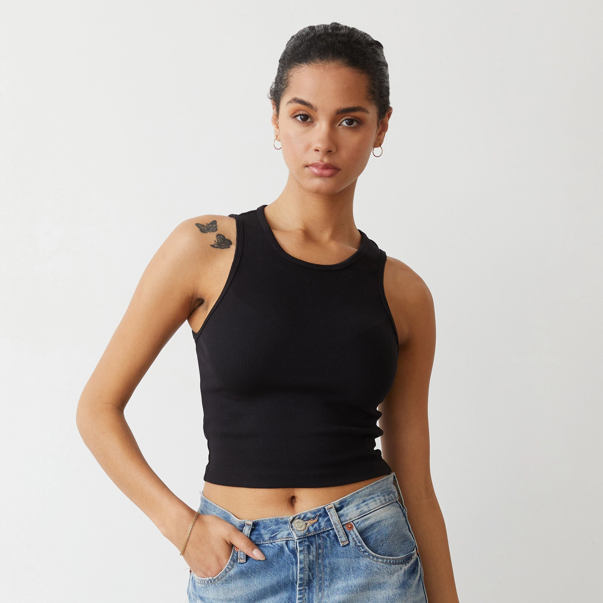 Contrast Stitch Detailing Elegant Look Supimaluxe Rib Crop High Neck Tank