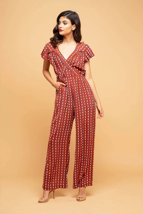 Flexible Ribbed Collar Kingsley Wide Leg Jumpsuit With Angel Sleeves- Navajo Tribe Relaxed Design HighNeckCut Kingsley Wide Leg Jumpsuit With Angel Sleeves- Navajo Tribe