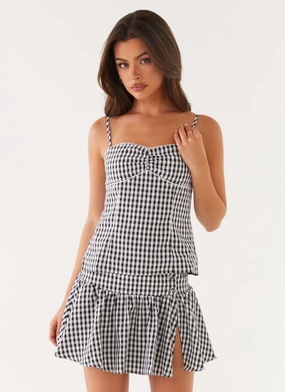 Flexible Waistband Bellamy Mini Skirt - Black Gingham Bellamy Mini Skirt - Black Gingham High Rise Design Elastic Free Cuffs