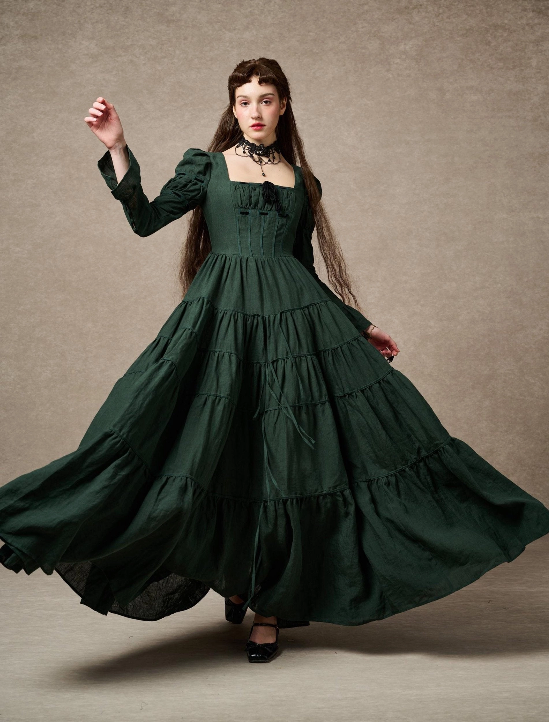 Queena 22 | Empired Maxi linen dress Recycled Textile Matte Fabric