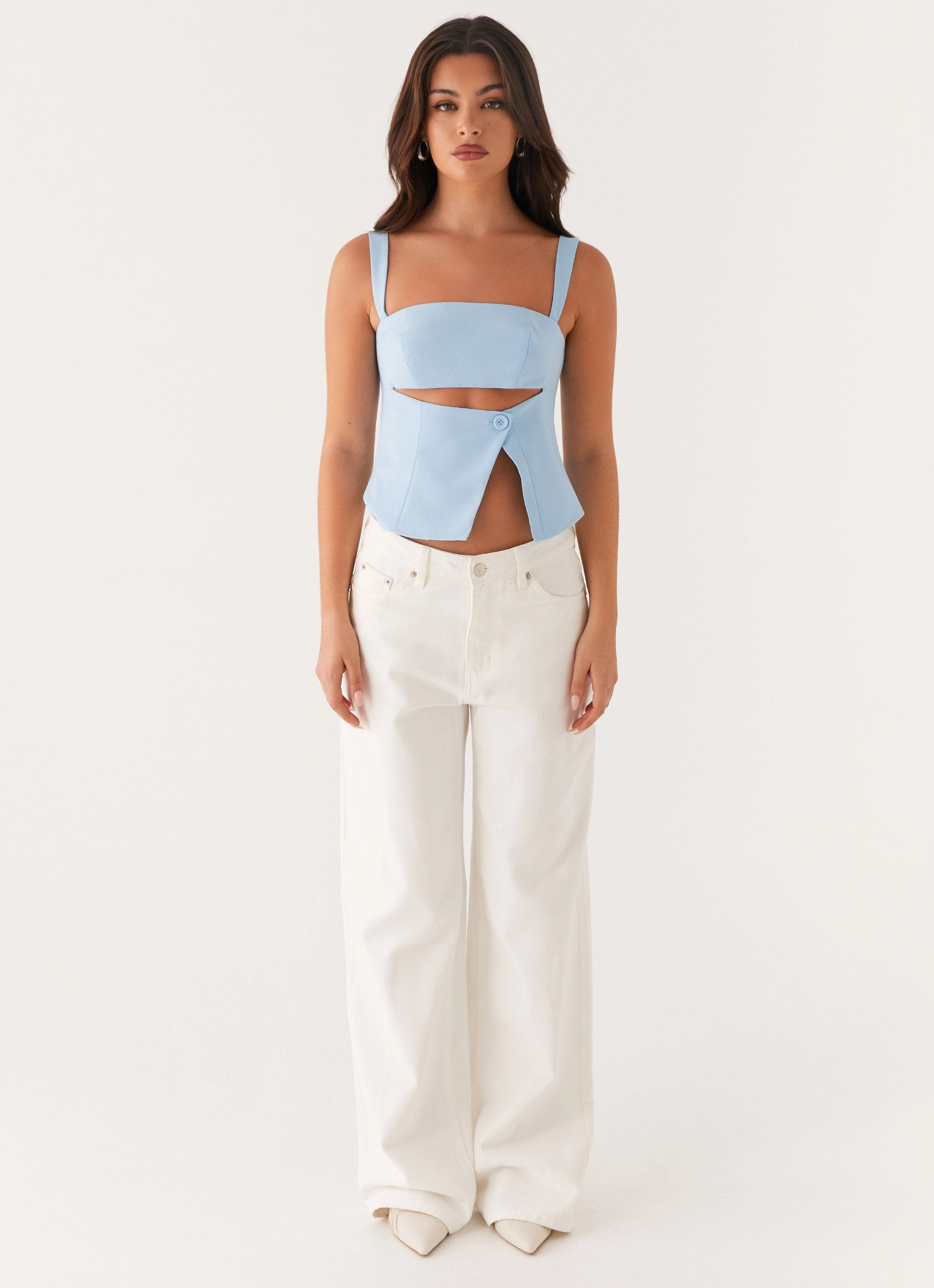 Two Tone Texture Effect Pia Cut Out Top - Pastel Blue