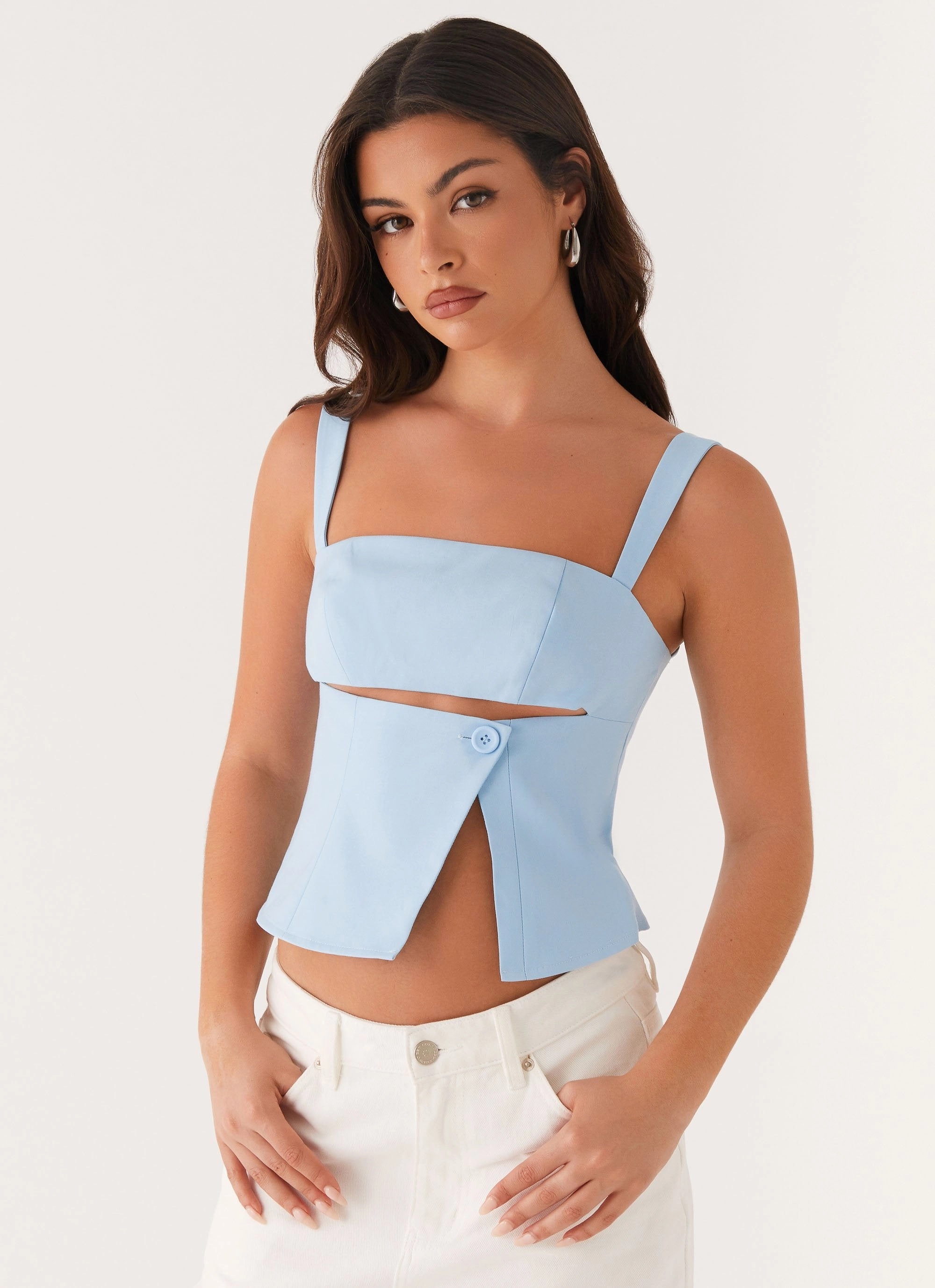 Pia Cut Out Top - Pastel Blue Layered Panel Design Glow In The Dark Accent Trim