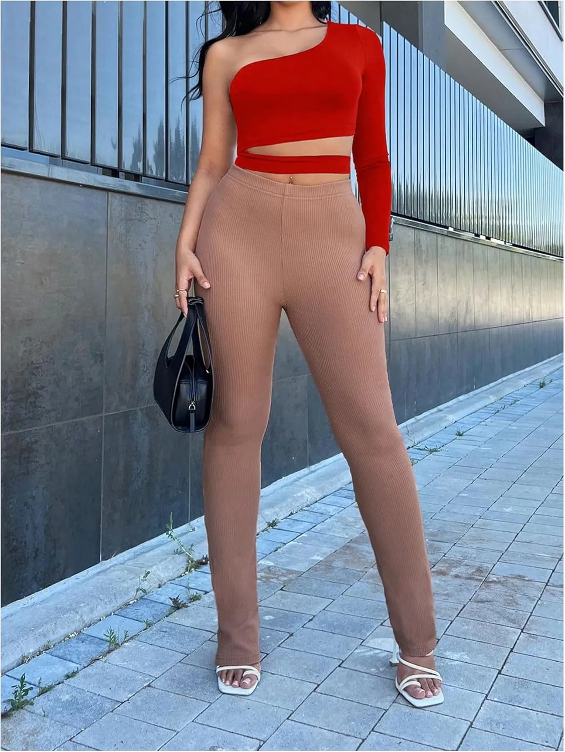Floerns Women's One Shoulder Cut Out Front Crop Top Long Sleeve Tee Shirts Tops