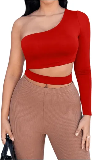 Floerns Women's One Shoulder Cut Out Front Crop Top Long Sleeve Tee Shirts Tops