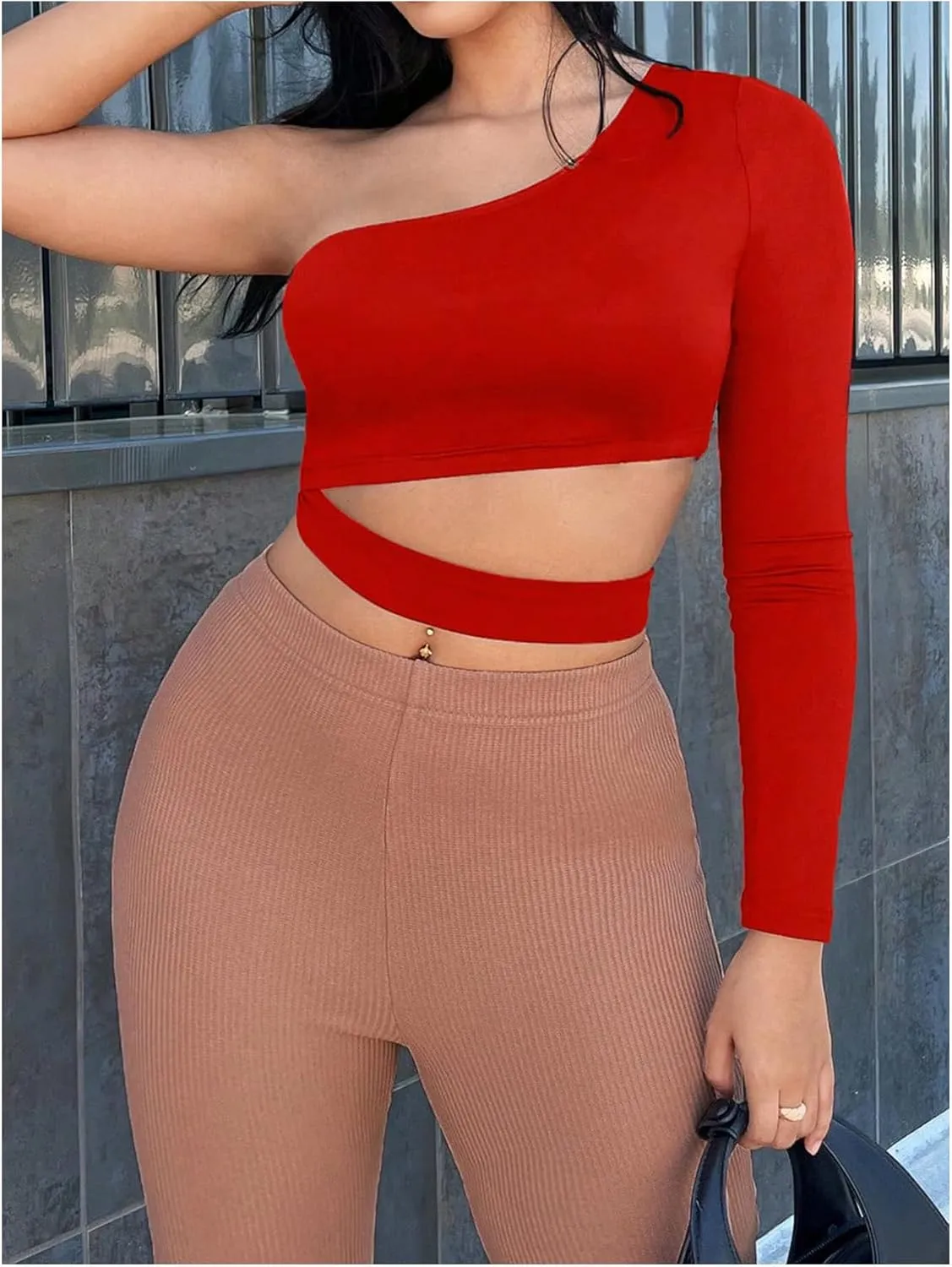 Floerns Women's One Shoulder Cut Out Front Crop Top Long Sleeve Tee Shirts Tops