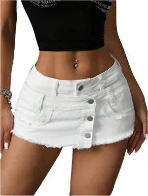 Floerns Women's Raw Hem Jean Skirt Low Waist Button Front Y2k Denim Mini Skirts