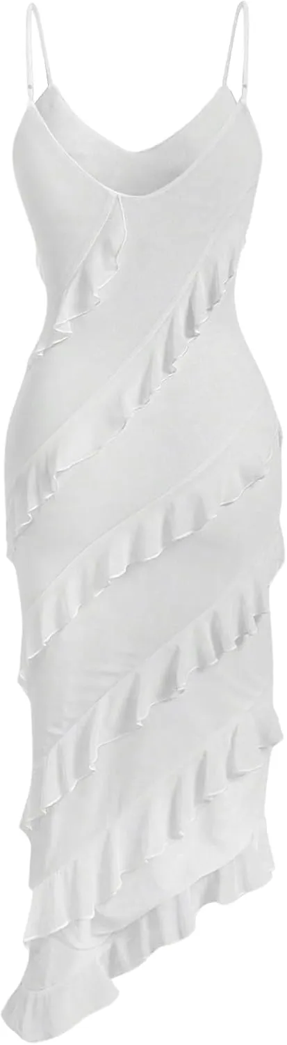 Floerns Women's Ruffle Trim Cami Dress Sweetheart Neck Asymmetrical Hem Dresses