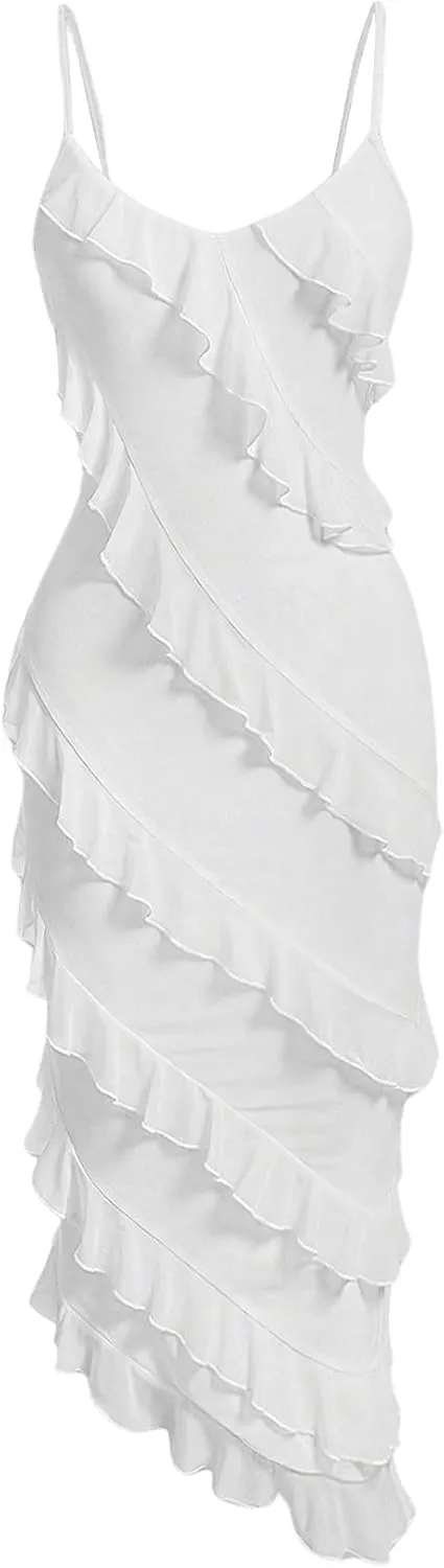 Floerns Women's Ruffle Trim Cami Dress Sweetheart Neck Asymmetrical Hem Dresses