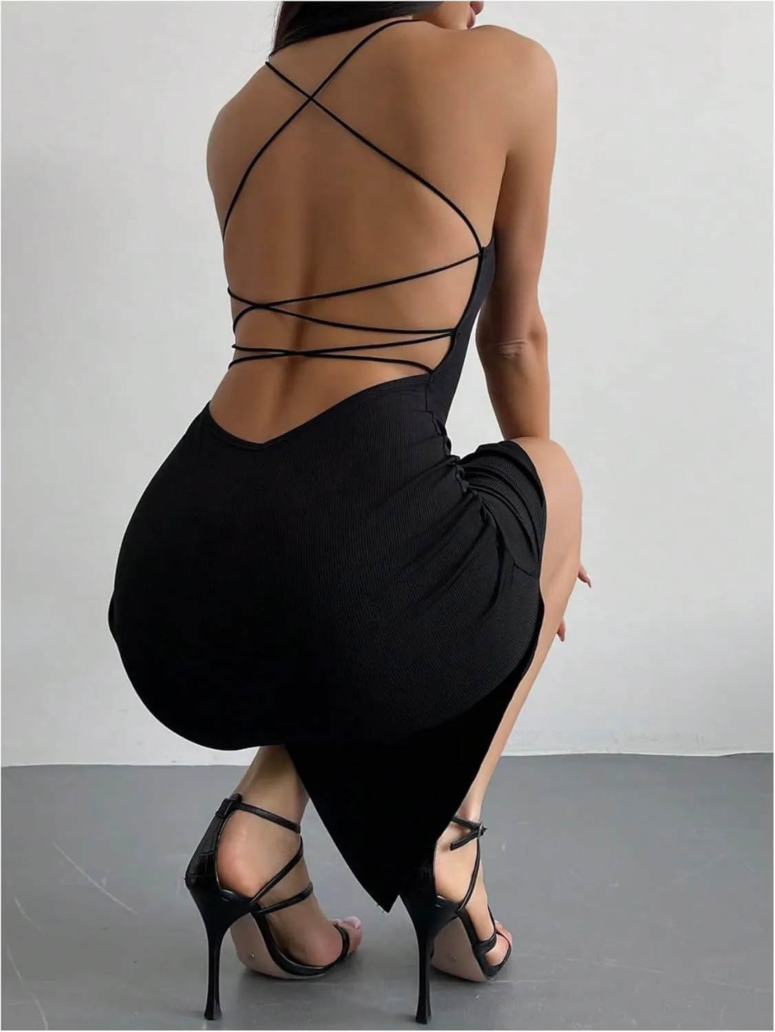 Floerns Women's Sleeveless Slip Dresses Criss Cross Backless Club Bodycon Midi Dress