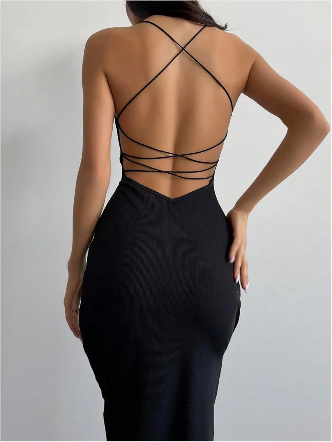 Floerns Women's Sleeveless Slip Dresses Criss Cross Backless Club Bodycon Midi Dress