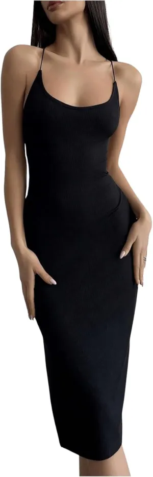 Floerns Women's Sleeveless Slip Dresses Criss Cross Backless Club Bodycon Midi Dress