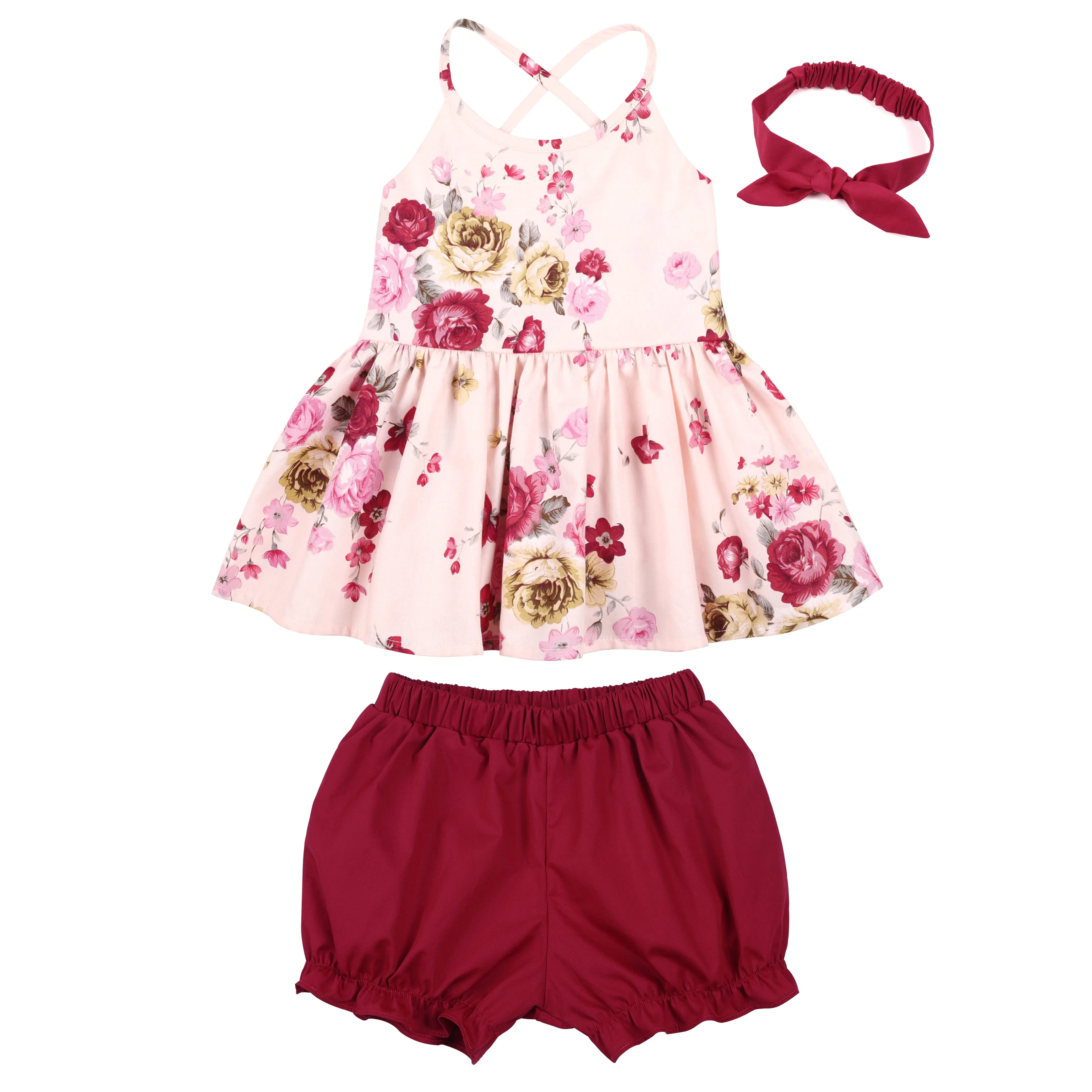 Flofallzique Girl Suit  Floral Sling Top And Solid Short With Headband Sweet Kid Baby Clothes for Outdoor Leisure