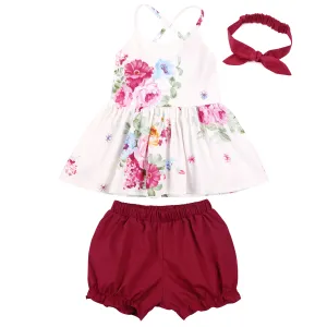 Flofallzique Girl Suit  Floral Sling Top And Solid Short With Headband Sweet Kid Baby Clothes for Outdoor Leisure
