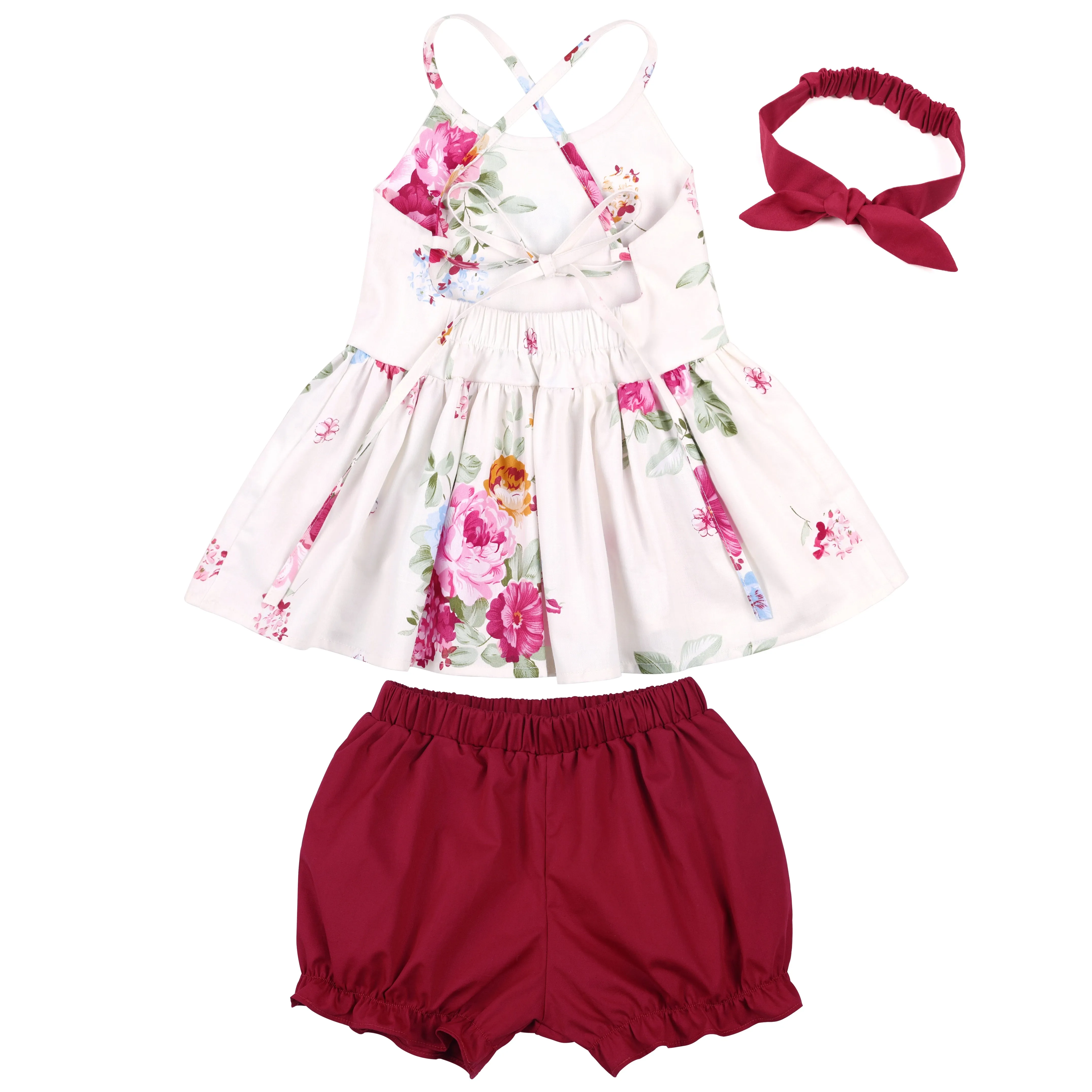 Flofallzique Girl Suit  Floral Sling Top And Solid Short With Headband Sweet Kid Baby Clothes for Outdoor Leisure