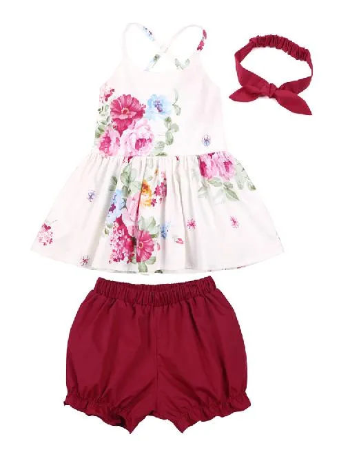 Flofallzique Girl Suit  Floral Sling Top And Solid Short With Headband Sweet Kid Baby Clothes for Outdoor Leisure