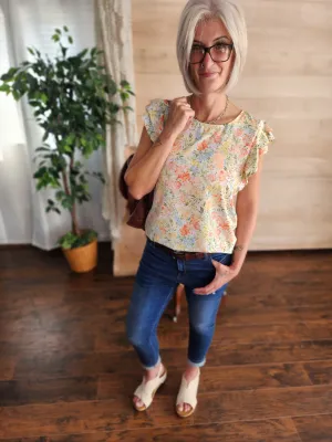 Floral Blouse with ruffle sleeve in sherbert