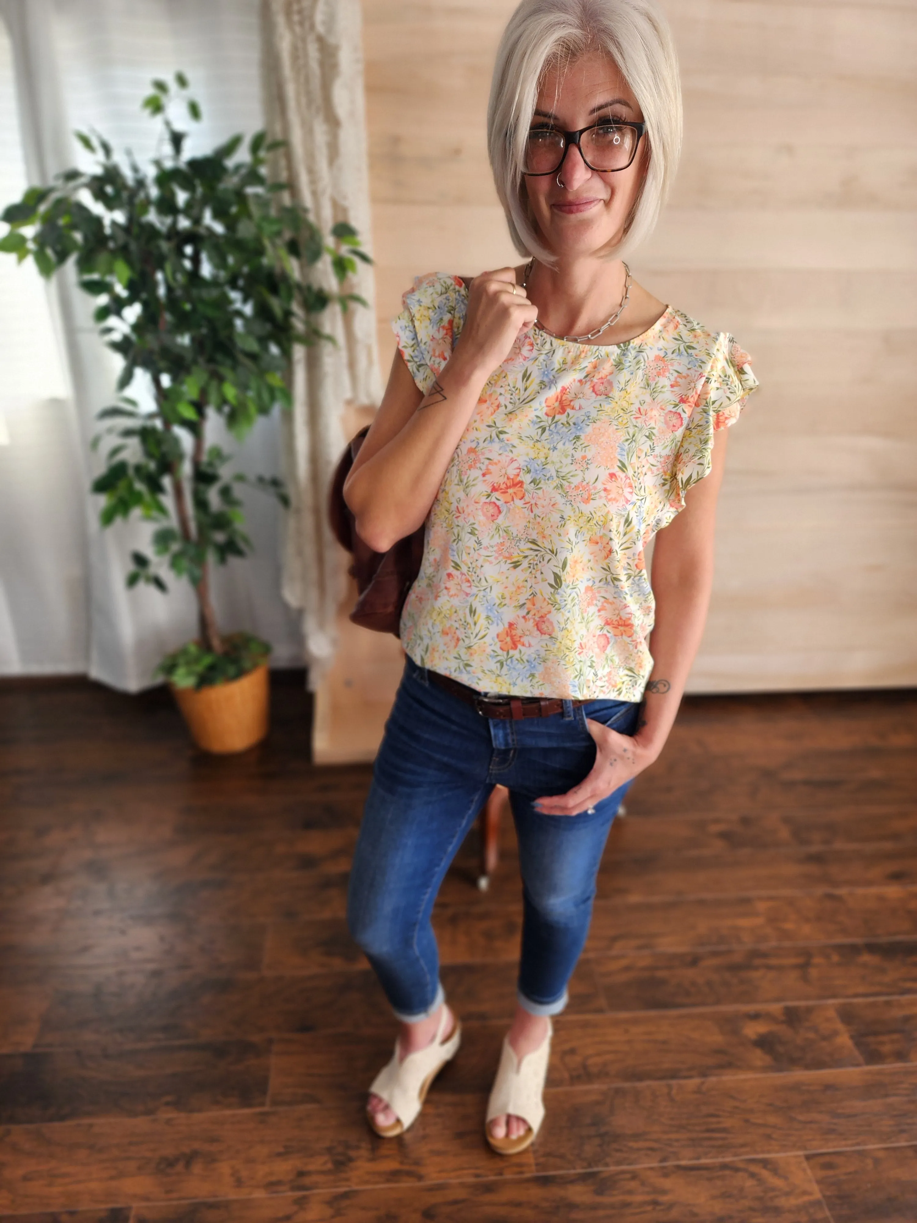 Floral Blouse with ruffle sleeve in sherbert