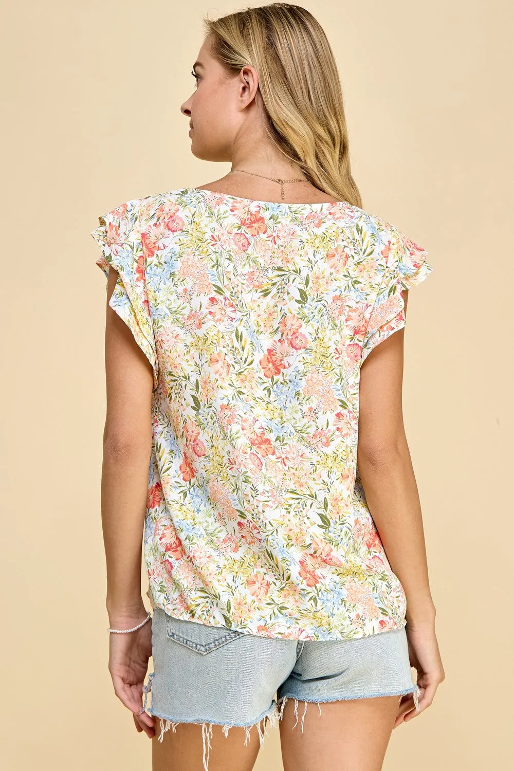 Floral Blouse with ruffle sleeve in sherbert
