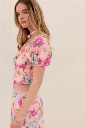 Floral Bustier Puff Sleeve Crop Top & Mini Skirt Set