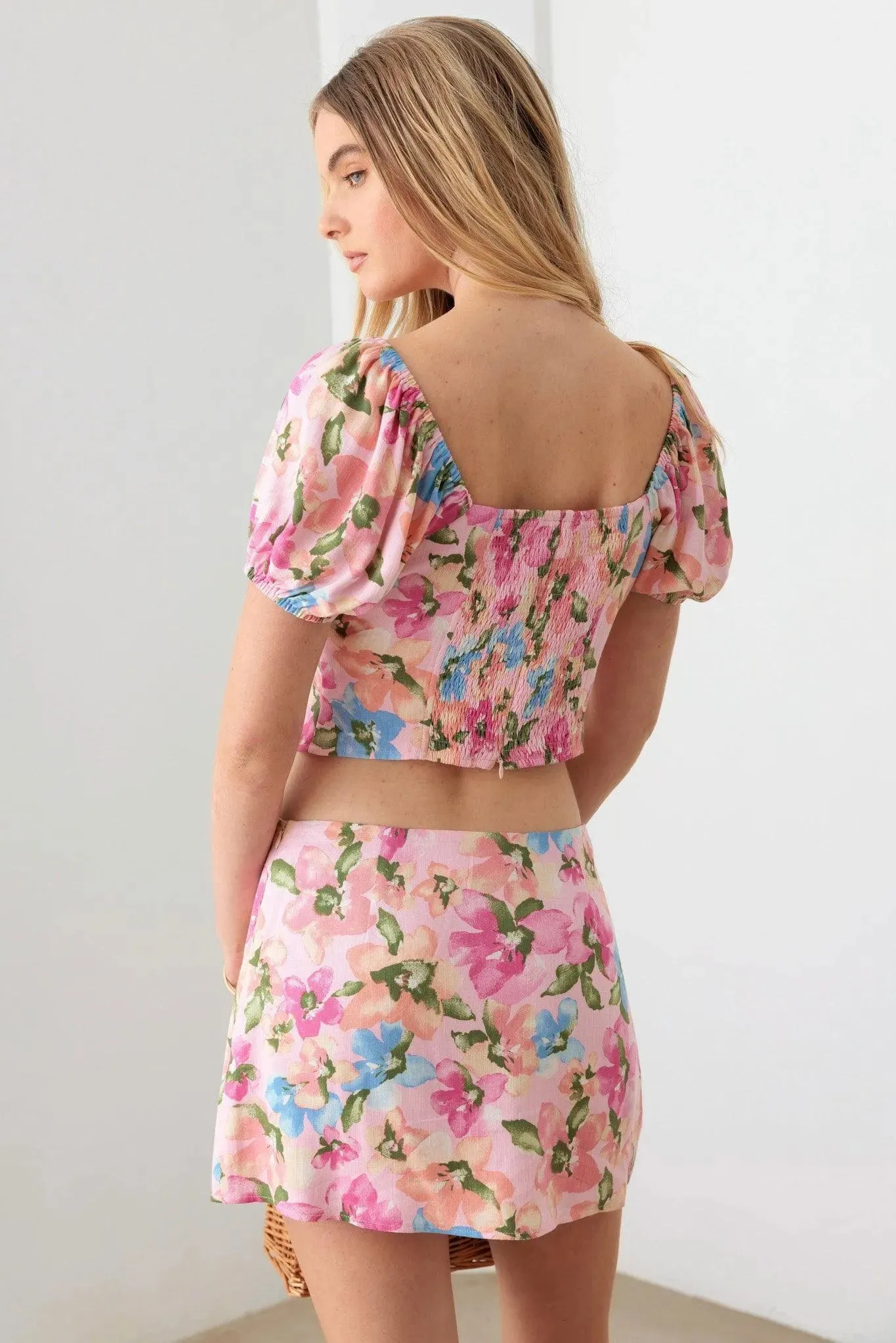 Floral Bustier Puff Sleeve Crop Top & Mini Skirt Set